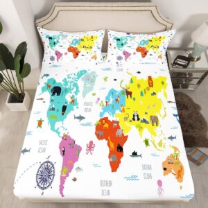 jejeloiu Word Map Bed Sheets Set America Map Pattern Sheet Set for Kids Boys Children Europe Map Printed Sheets with Deep Pocket Fitted Sheet Ultra Soft Decor Teaching Tool Bedding Set Full Size