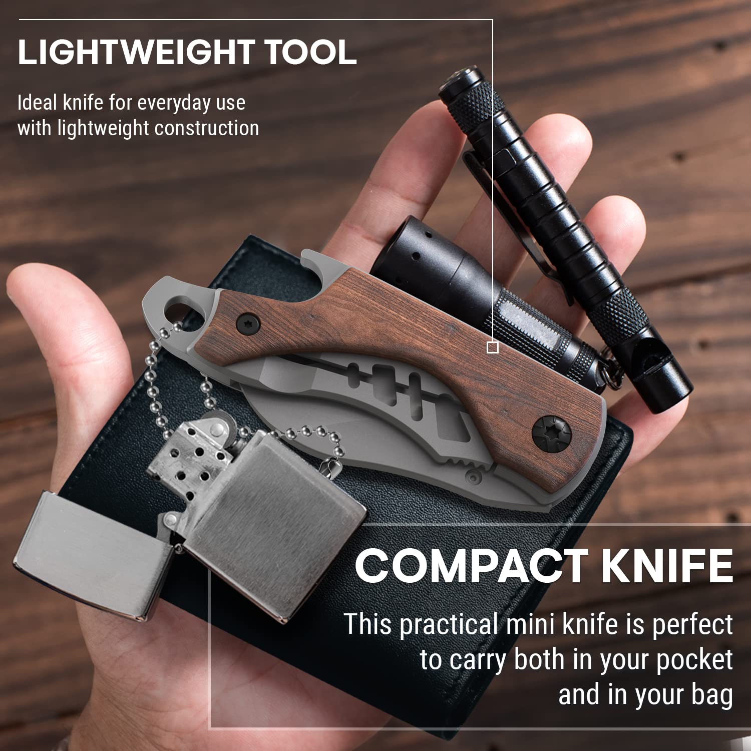 Small Pocket Knife for Men - 5.7’’ Keychain Knife with Bottle Opener - Box Cutter - Wood Handle - Liner Lock - Legal Mini EDC Folding Knife - Cool Sharp Tiny Knives - Gift for Everyone 6779N