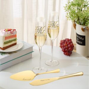 iooiluxry Wedding Cake Knife And Server Set, Mr and Mrs Champagne Flutes With Cake Cutting Set For Wedding, Wedding Glasses For Bride And Groom (Gold)