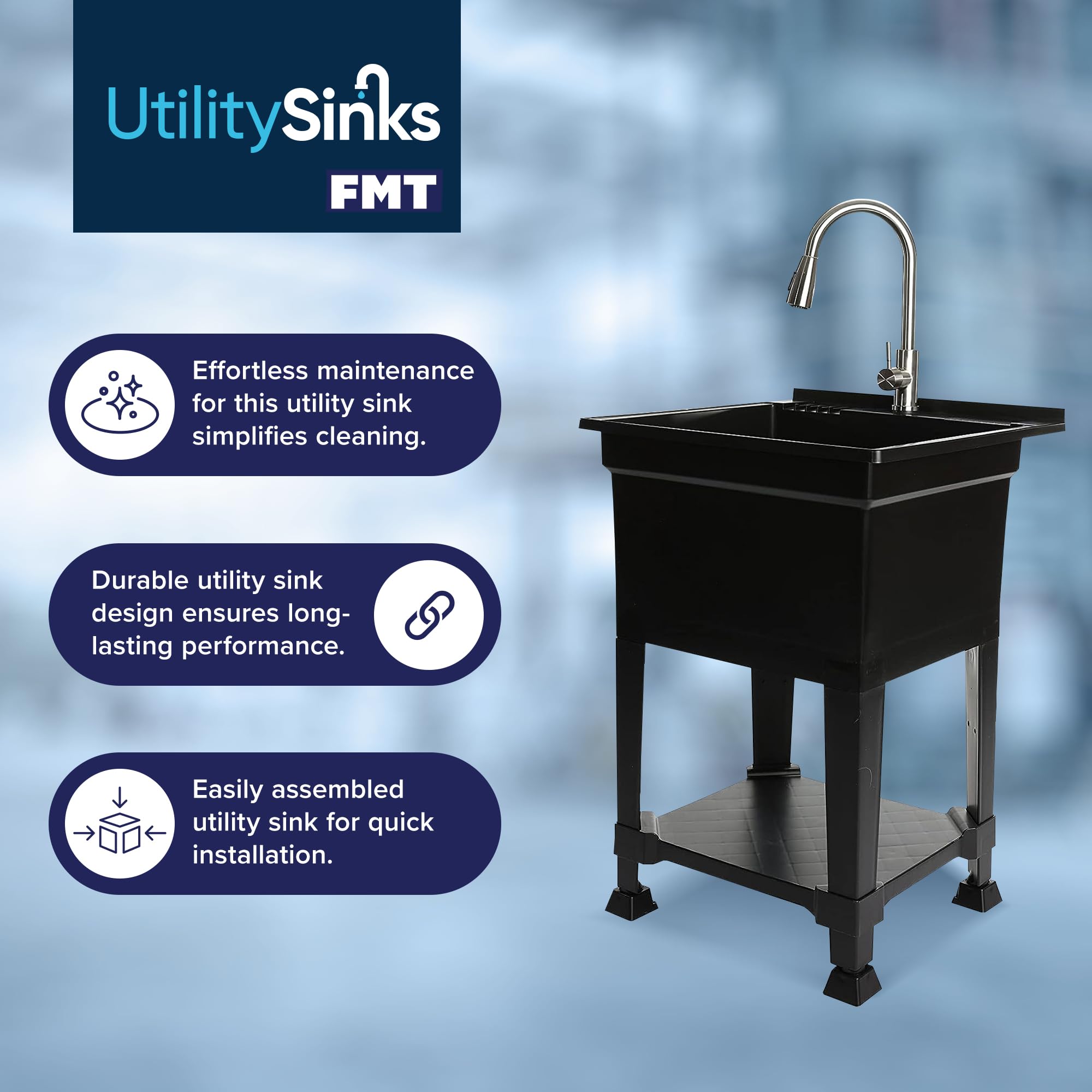 UTILITYSINKS USA-Made Plastic Freestanding 24 in x 24-Inch UtilityTub Heavy Duty Compact Utility Sink Ideal for Workshop, Laundry Room, Garage, Greenhouse, Pet Wash Station (Black)