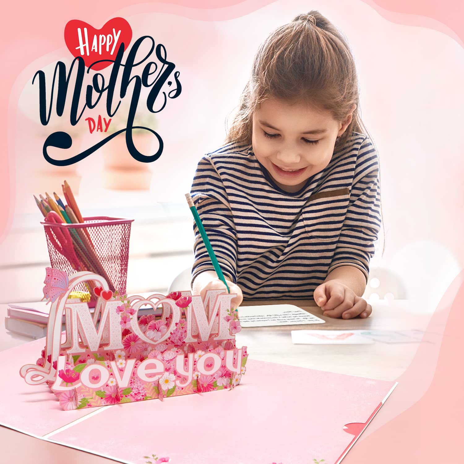 WHOLEV “Mom Love You” Pop Up Card, 6 X 8”, 3D Double Layer Handcrafted Greeting Card For Mothers Day, Birthday Gift Card with Envelopes For Mom Wife Grandma Thanksgiving Cards, Greeting Cards Gifts