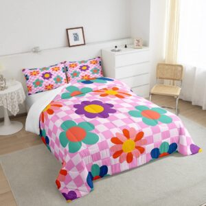 Groovy Flower Comforter Set Twin for Kids,Retro Kawaii Florals Bedding Y2K Room Decor for Teens Girls,Hippie Aesthetic Funny Blossom Quilt Pink Buffalo Plaid Duvet Insert with 1 Pillowcase