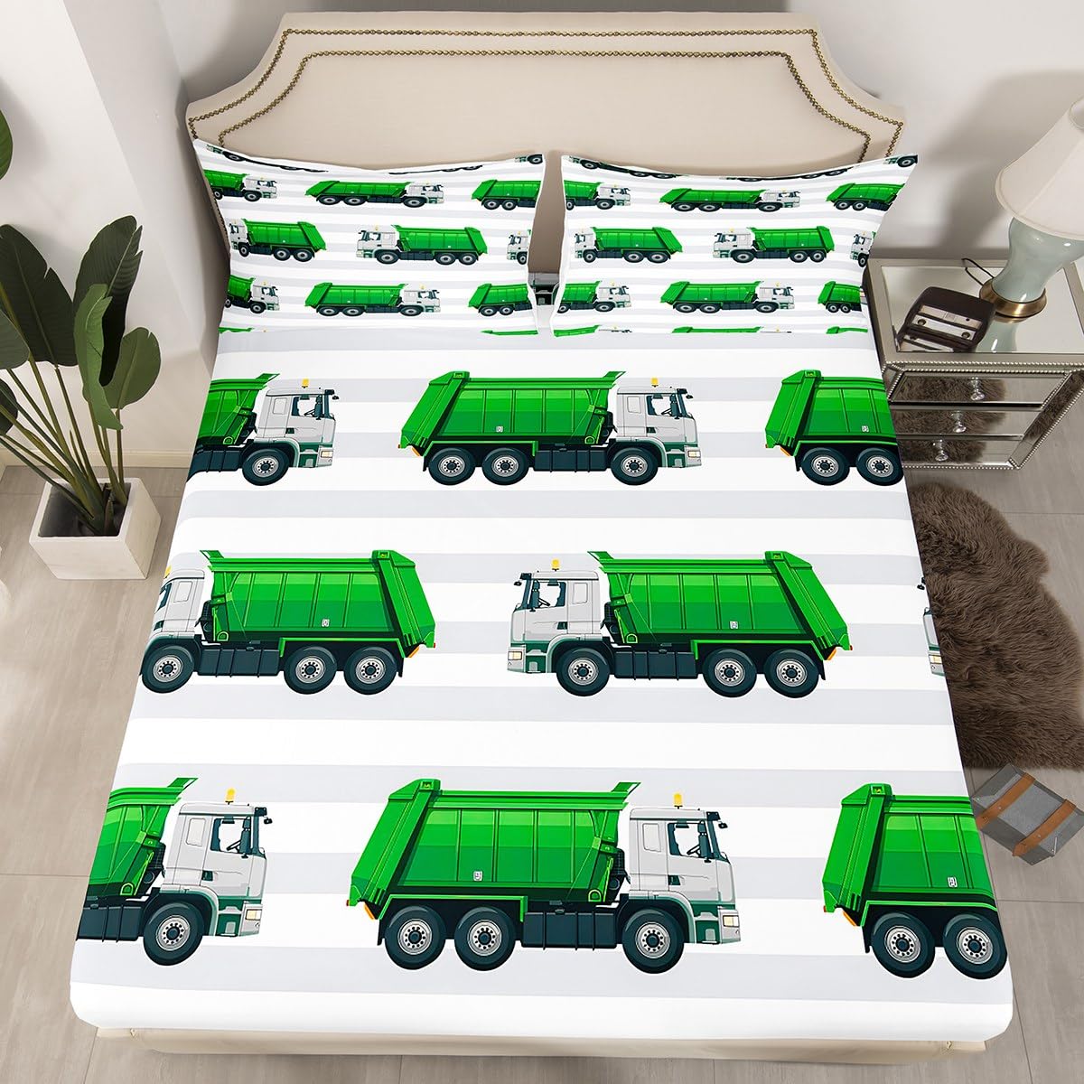 jejeloiu Garbage Truck Bed Sheets Set Boys Cartoon Car Sheet Set for Kids Teens Ultra Soft Equipment Trucks Sheets with Deep Pocket Fitted Sheet Vehicles Green White Bedding Set Room Decor Full Size