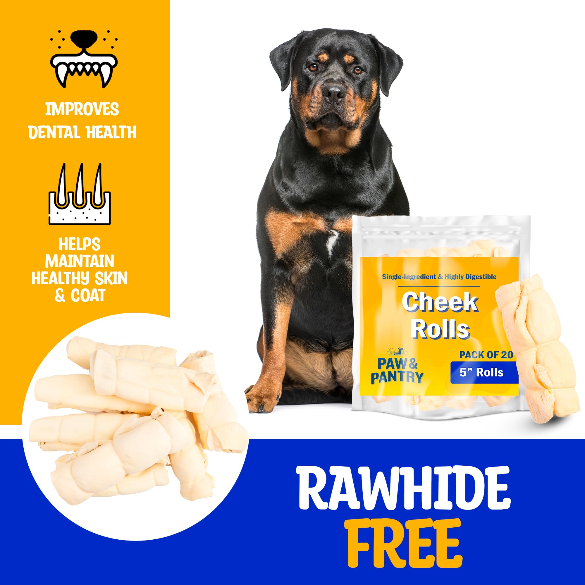 Paw & Pantry 5" All-Natural Beef Cheek Rolls for Dogs (Pack of 8) Beef Cheeks for Dogs - Single-Ingredient, Grain-Free Beef Cheek Rolls for Dogs Large - No Harmful Additives, Great Rawhide Alternative