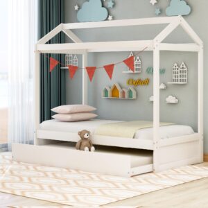 House Bed with Trundle, Twin Size House Bed Frame w/Roof for Kids Boys Girls Teens,Can Be Decorated,Wood Slat Support/No Box Spring Required,White