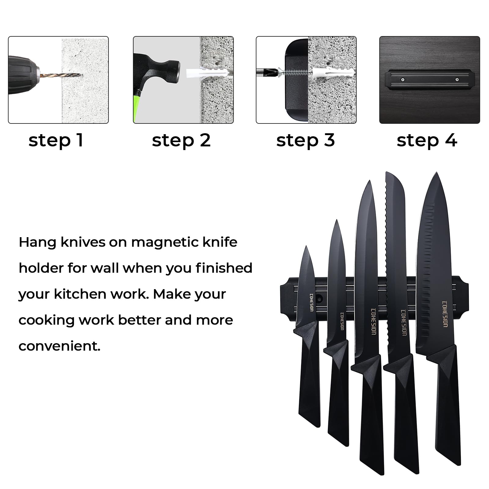 Cohesion Knife Set, 5 PCS Kitchen Knife Set with Magnetic Knife Holder for Wall, Ultra Sharp Kitchen Knives Set with Sheathes and Gift Box for Multipurpose Cooking with Ergonomic Handle