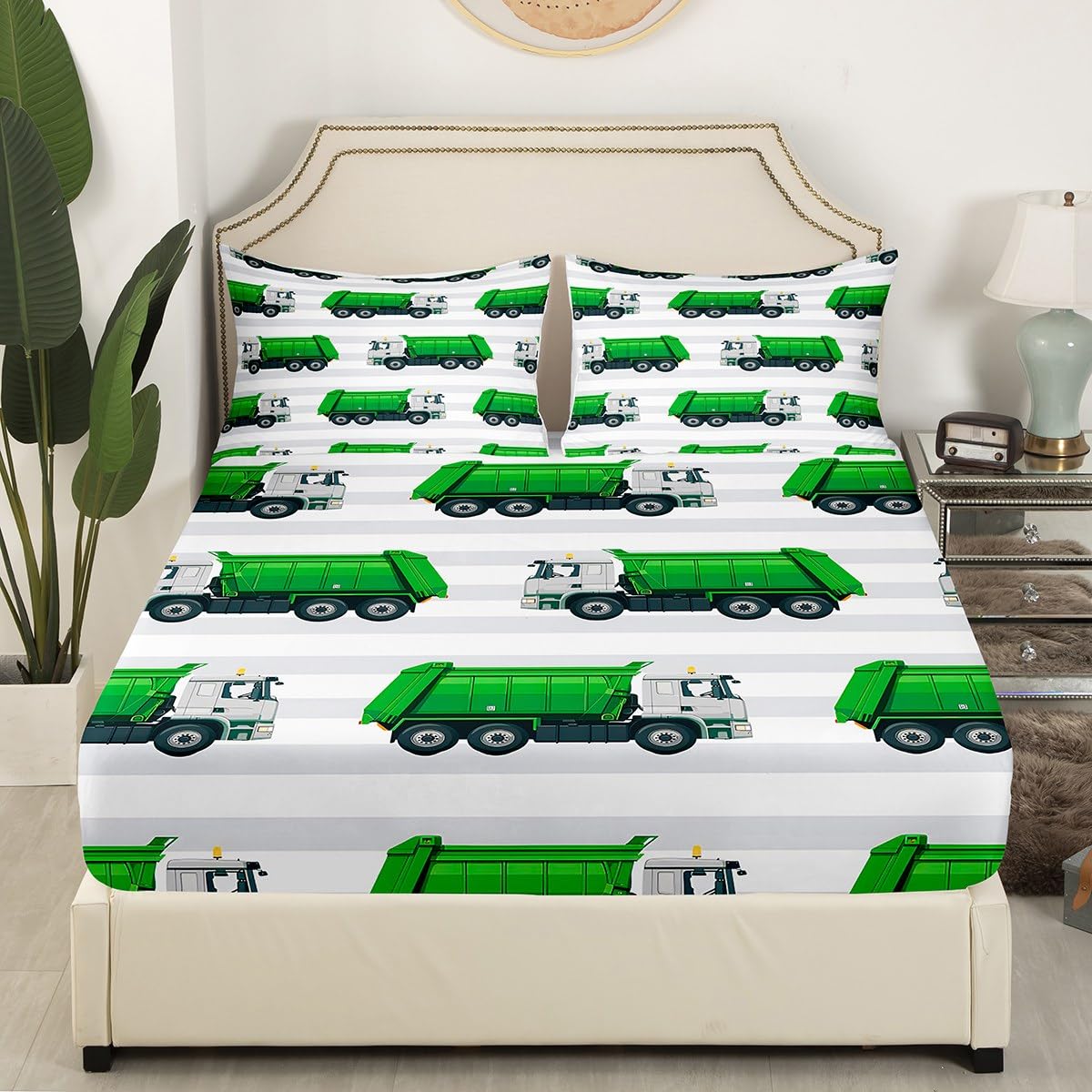 jejeloiu Garbage Truck Bed Sheets Set Boys Cartoon Car Sheet Set for Kids Teens Ultra Soft Equipment Trucks Sheets with Deep Pocket Fitted Sheet Vehicles Green White Bedding Set Room Decor Full Size