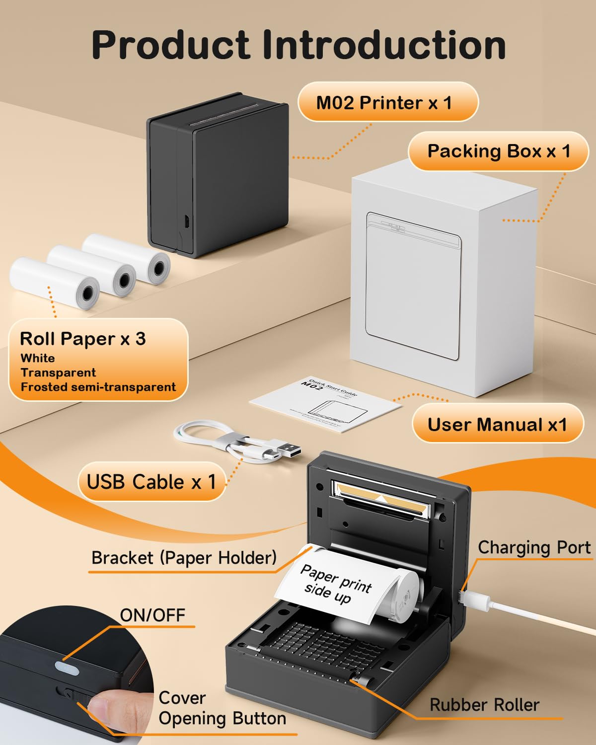 Memoking Sticker Printer, M02 Mini Printer Portable Bluetooth Mini Printer Sticker Maker with 3 Rolls Paper, Print Pods Mini Printer Pocket Printer with Multiple Templates for Phone & Tablet, Black