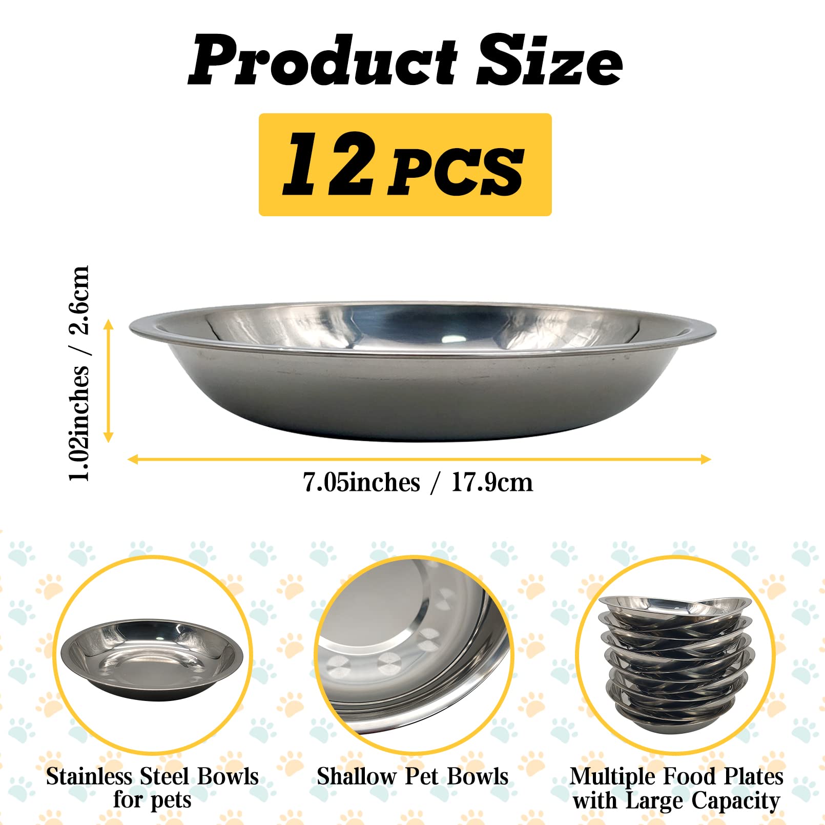 Hamiledyi 12 Pcs Stainless Steel Cat Bowls Replacement Whisker Fatigue Relief Cat Plates Pet Water Dish Shallow Kitten Bowls Pet Bowls for Dogs Cats or Other Small Animals (7.05 Inch Diameter)