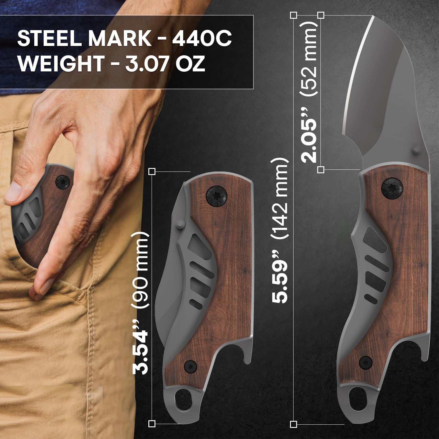 Small Pocket Knife for Men - 5.7’’ Keychain Knife with Bottle Opener - Box Cutter - Wood Handle - Liner Lock - Legal Mini EDC Folding Knife - Cool Sharp Tiny Knives - Gift for Everyone 6779N