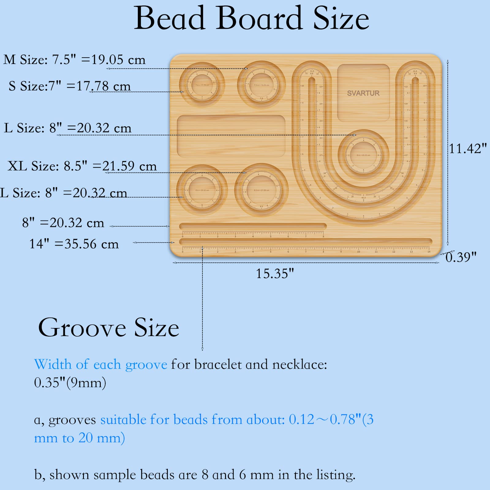 Svartur Combi Bamboo Beading Board with Zipper Storage Case, Imperial Measurements Marked Wood Bead Design Board for Bracelet, Necklace, Bead Mat for Jewelry Making Tray, 15.35 * 11.42 * 0.39"