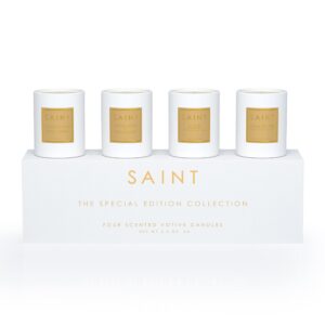 saint the special edition collection votive candles, soy coconut scented candle set with holy oil and prayer coin, aromatherapy soy candles, 4 18-hour long burning candles, holiday gift-ready box