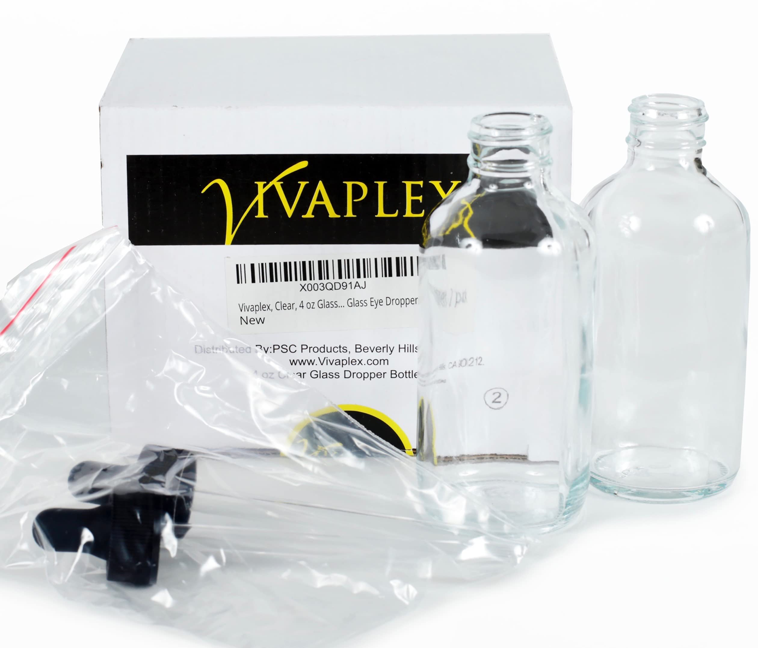 Vivaplex, Clear, 4 oz Glass Bottles, with Glass Eye Droppers - 2 pack