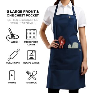 Professional Grade Premium Chef Kitchen Aprons for Cooking with Three Pockets, Water and Stain-Resistant, Machine Washable, Cute Cooking Aprons for Women and Men (Plain, Navy Blue)