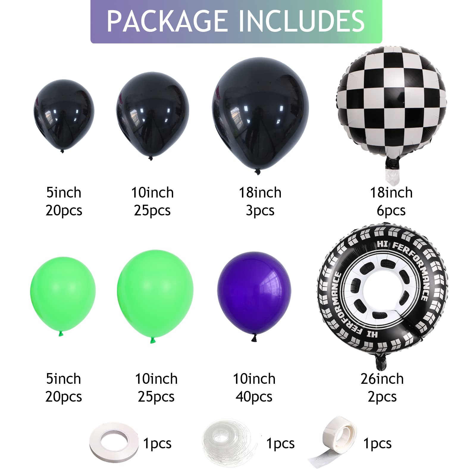 Truck Theme Balloon Garland Kit with Black Green Dark Purple Balloon Large Wheel Theme Birthday Party Baby Shower Decorations (Black Green Purple)