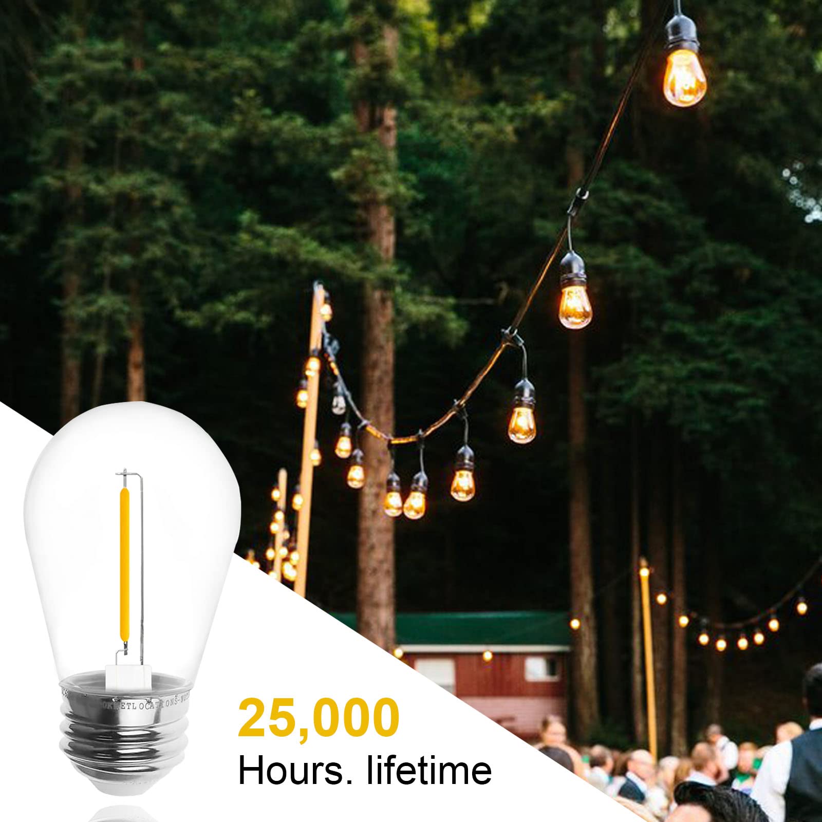 Jslinter Energy-Efficient S14 LED String Light Bulbs Replacement - 3V Solar-Powered, Shatterproof, 2700K Warm White, Outdoor/Indoor, E26, 15-Pack