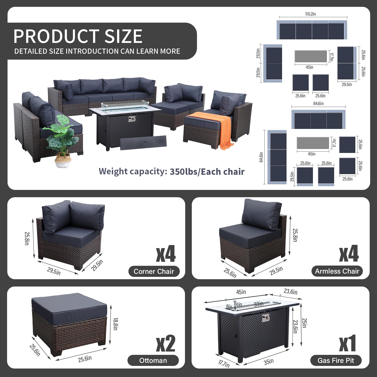 WAROOM Outdoor Patio Furniture Set 11 Piece Dark Brown Rattan Sectional Sofa PE Wicker Conversation Chairs with 45" Propane Fire Pit Table and Non-Slip 5" Thick Navy Blue Cushion