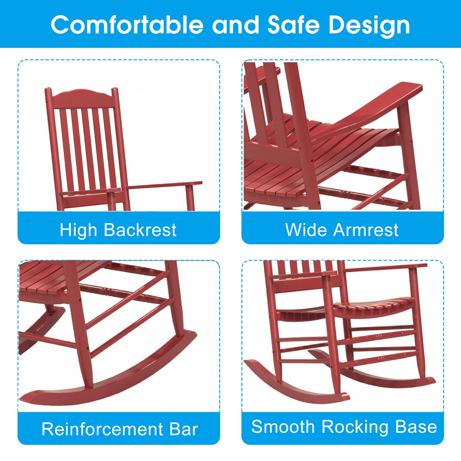 D&F Design Outdoor Rocking Rocker, Wood Rocking Chair with High Back and Curved Seat, UV Treated (Red), Outdoor and Indoor use