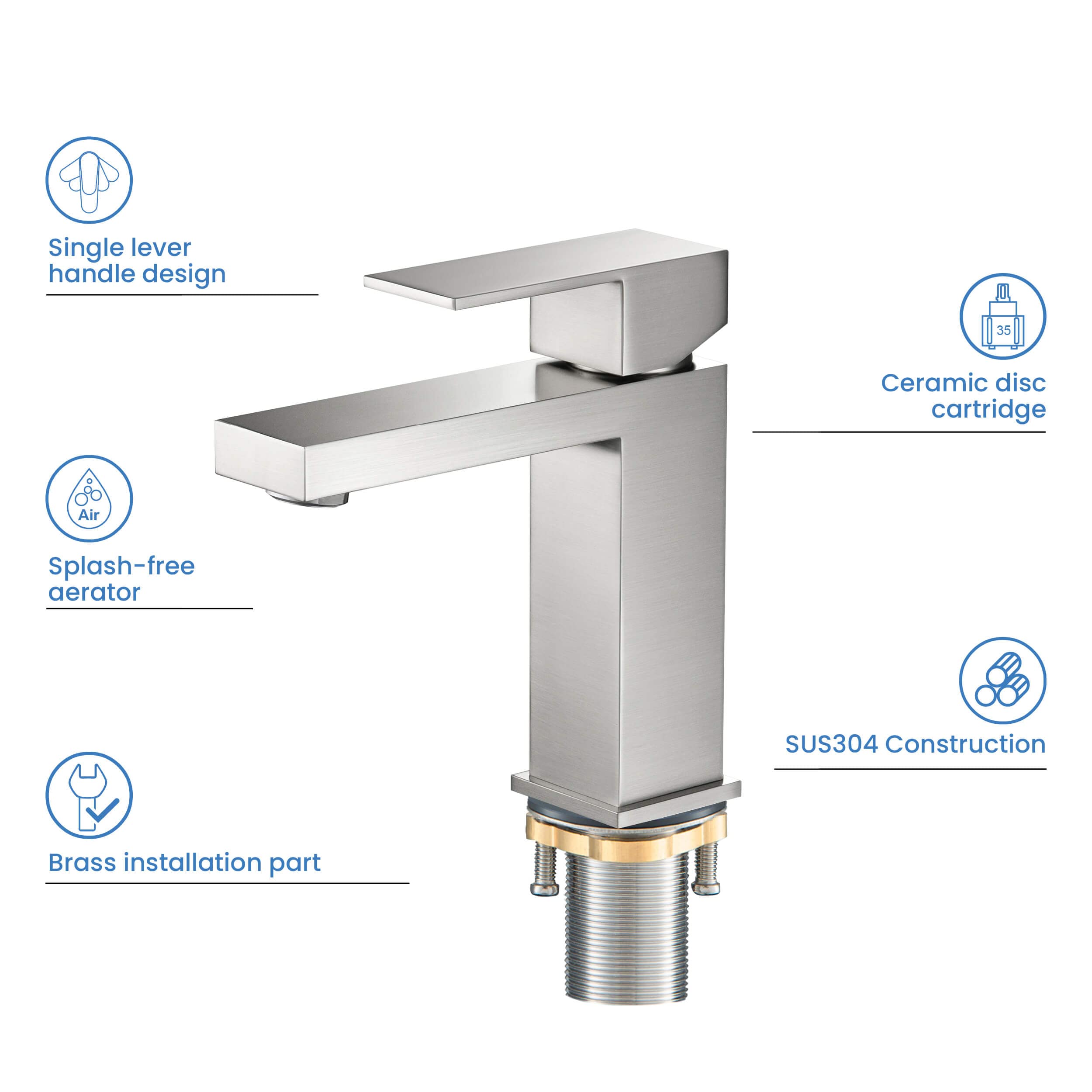 KIBI F202 Brushed Nickel Stainless Steel Bathroom Sink Faucet | Single Handle High Arc Faucet with Pop Up Drain | for Vanity & Lavatory Sinks | Easy Installation and Durable Construction