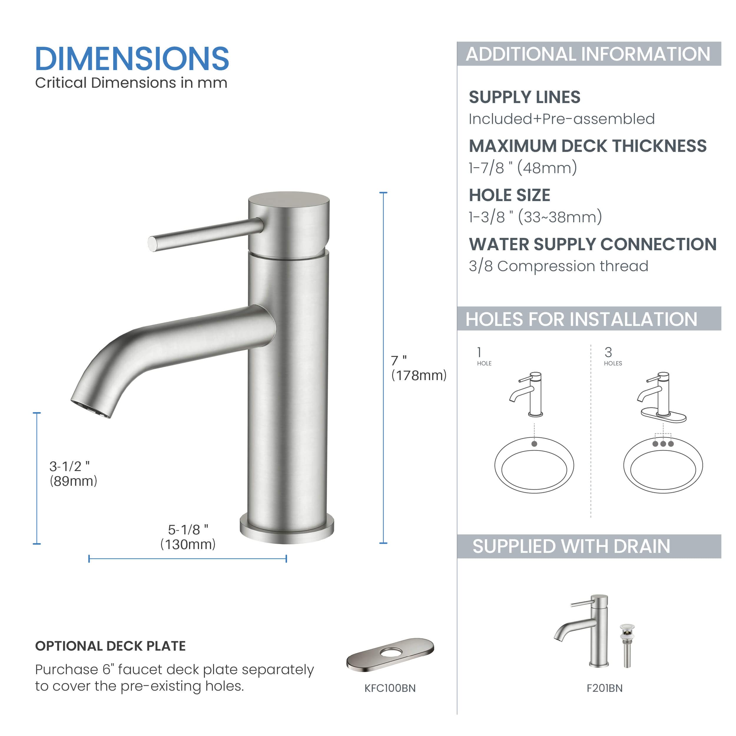 KIBI F201 Stainless Steel Single Handle Bathroom Sink Faucet with Pop-Up Drain, High Arc Spout | Corrosion-Resistant with Smooth Operation and Steady Water Flow | Brushed Nickel Finish