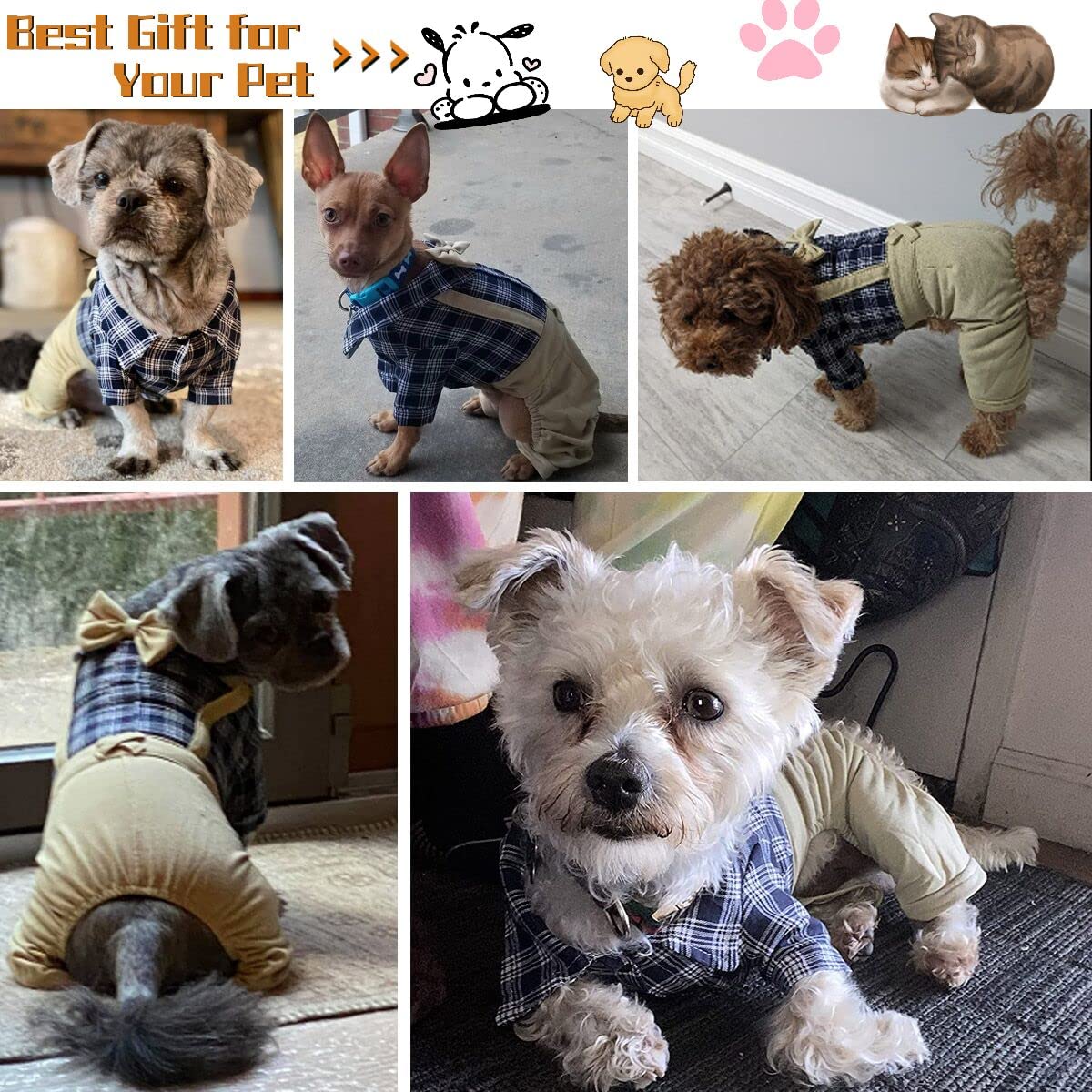 Pet Clothes Dog Shirts Classic Plaid Striped Overall Jumpsuit, Gentle Puppy Wedding Birthday Western Onesies Apparel, Fashion Daily Outfit with Bowtie for Dogs and Cats (Medium, Khaki)