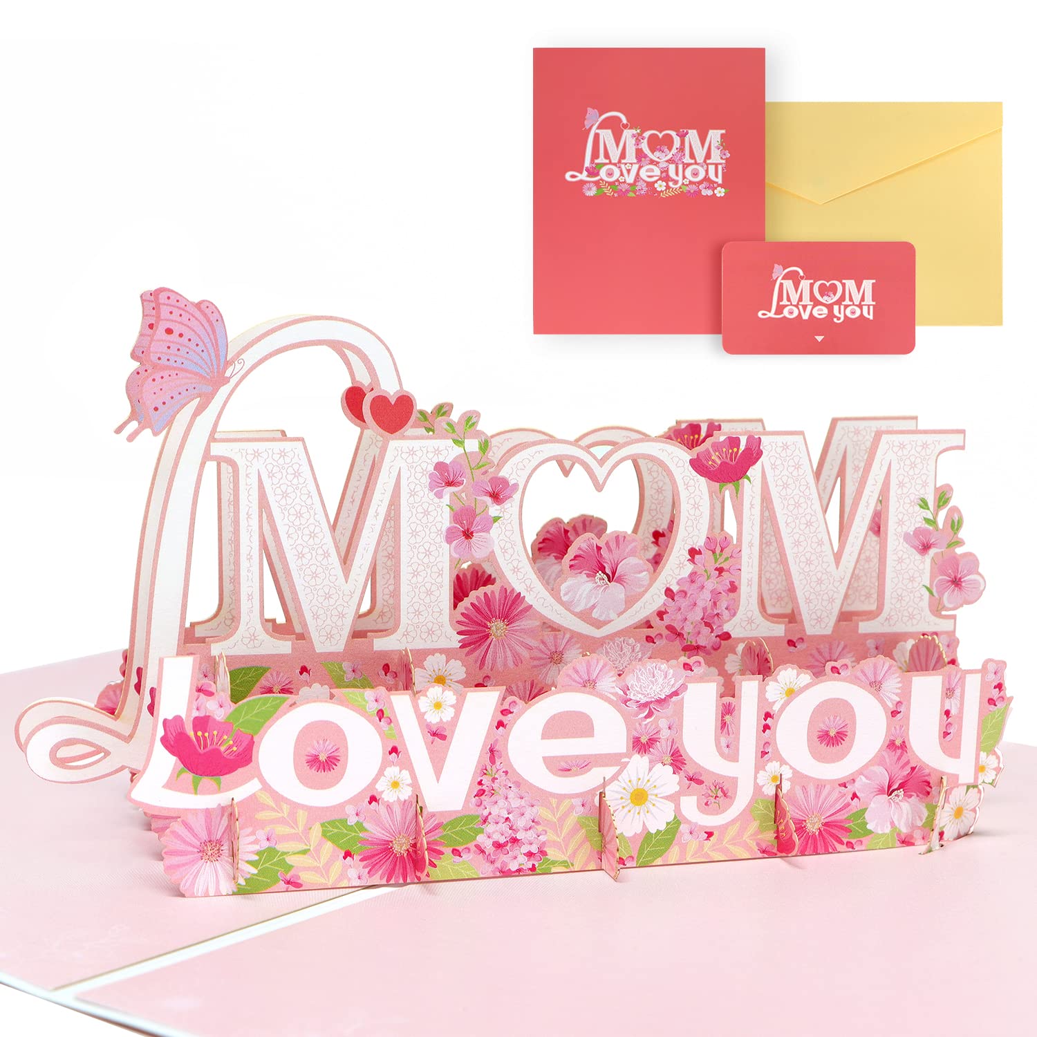 WHOLEV “Mom Love You” Pop Up Card, 6 X 8”, 3D Double Layer Handcrafted Greeting Card For Mothers Day, Birthday Gift Card with Envelopes For Mom Wife Grandma Thanksgiving Cards, Greeting Cards Gifts