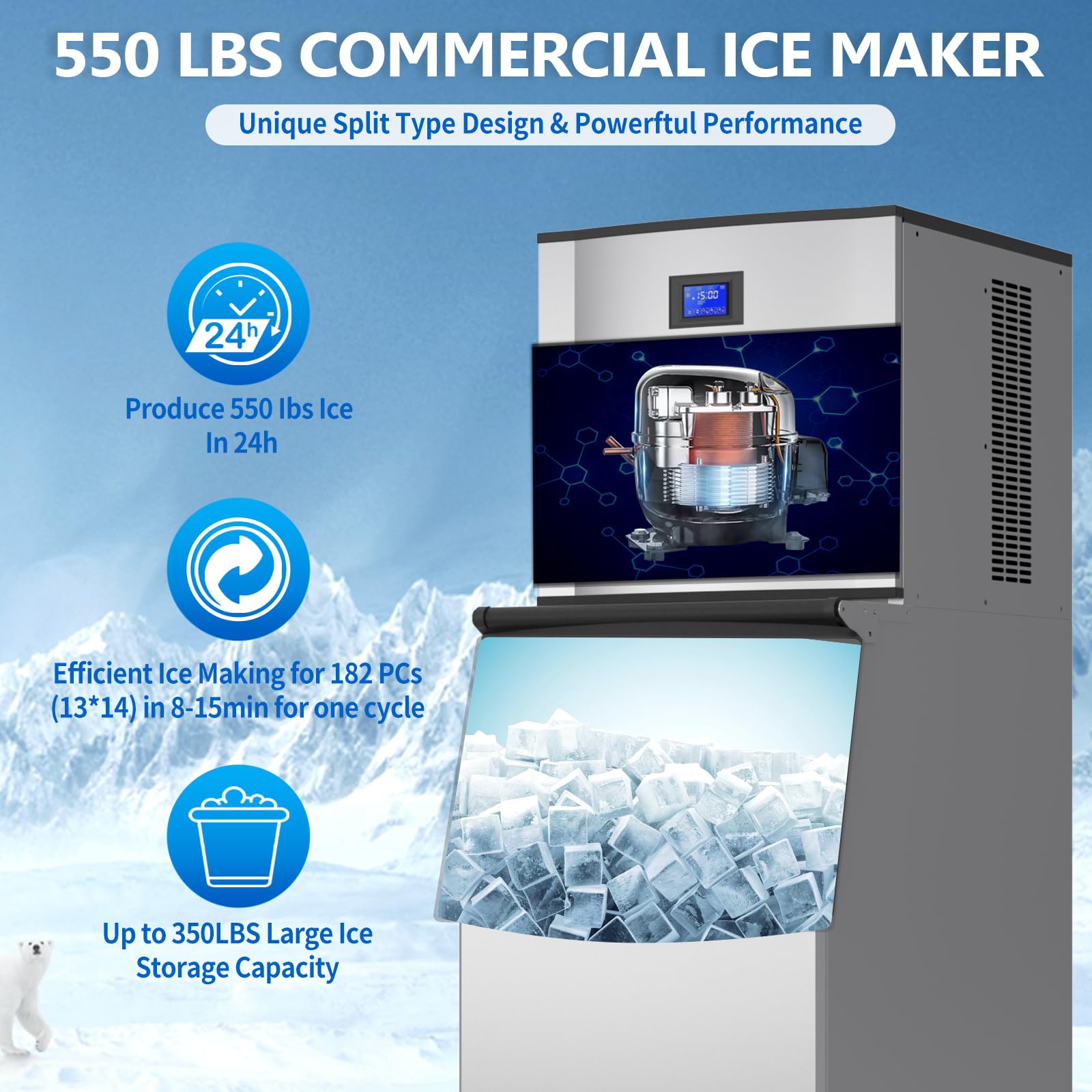 Commercial Grade Ice Maker Machine - 550LBS/24H with 350LBS Bin 1200W Ultra Strong Compressor, Stainless Steel Construction Fully Automatic Operation Perfect for Bar Restaurants and Business