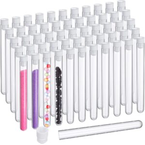 hoteam 100 pcs clear test tubes with lids plastic tube plastic vials for scientific experiments party supplies birthday candy storage seed beads powder spice liquid (white lid,16 x 150 mm)