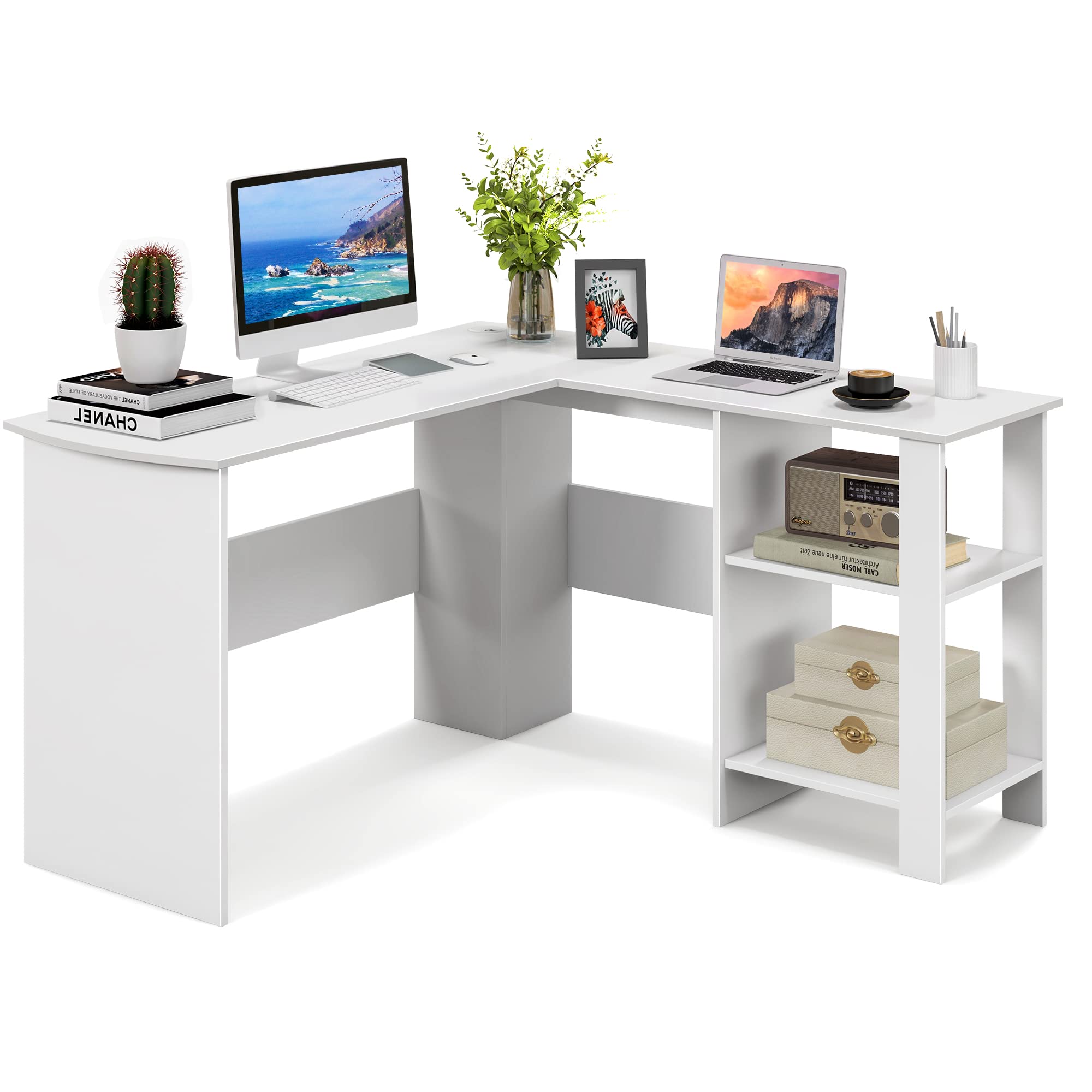 Tangkula White L Shaped Desk with Storage Shelves, Wooden Corner Computer Desk, Space-Saving Home Office Workstation, Gaming Desk, Writing Study Desk, L Shaped Office Desk