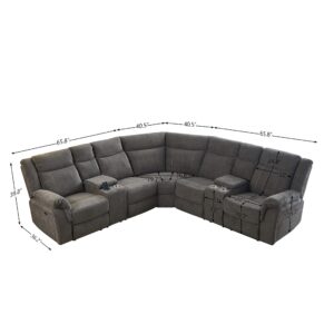 Elountik Modern Fabric Upholstered Power Reclining Sectional Couch with 2 Power Recliners, 2 Storage Consoles, 4 Cup Holders, USB Charging Ports, Gray Frabic