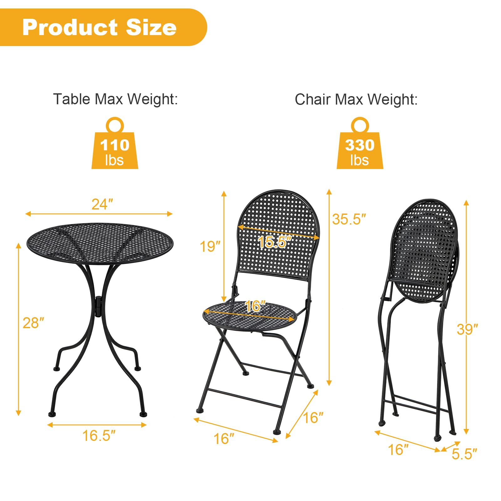 Tangkula 3 Pieces Patio Bistro Set, Metal Table and Folding Chair Set for 2, Outdoor Garden Furniture Set with Round Table & 2 Folding Chairs, Indoor Outdoor Bistro Set for Garden, Yard, Porch