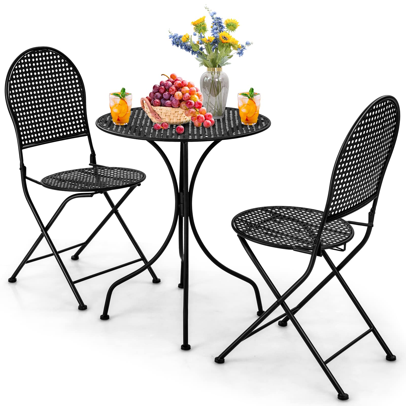 Tangkula 3 Pieces Patio Bistro Set, Metal Table and Folding Chair Set for 2, Outdoor Garden Furniture Set with Round Table & 2 Folding Chairs, Indoor Outdoor Bistro Set for Garden, Yard, Porch