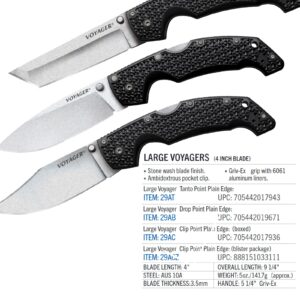 Cold Steel Voyager Large 4" AUS10A Clip Point Razor-Sharp Blade 5.25" Griv-Ex Handle Everyday Carry Tactical Folding Knife, Blister Pack