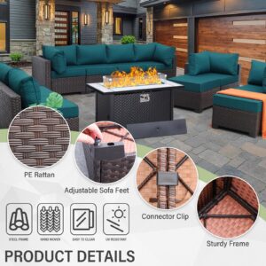 WAROOM Outdoor Patio Furniture Set 11 Piece Dark Brown Rattan Sectional Sofa PE Wicker Conversation Chairs with 45" Propane Fire Pit Table and Non-Slip 5" Thick Peacock Blue Cushion