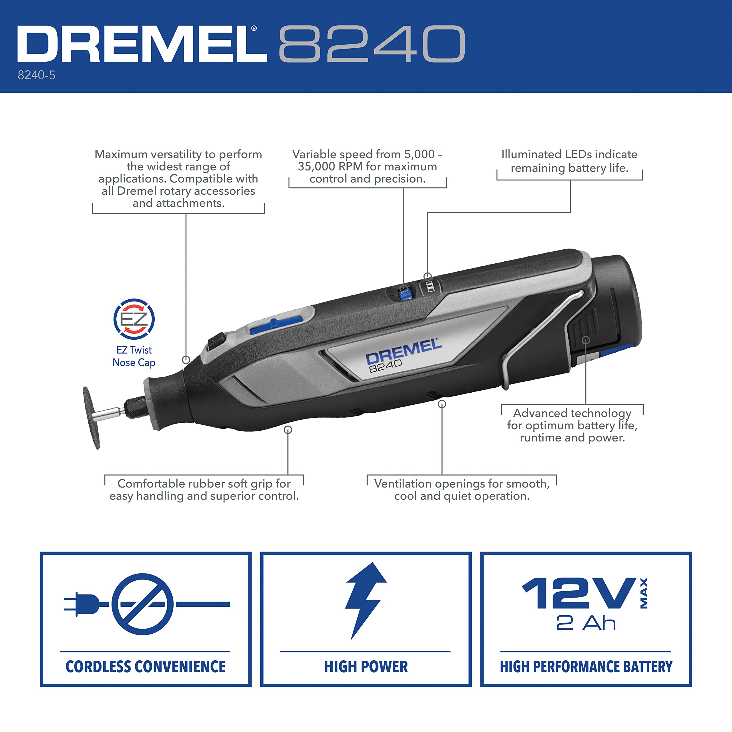 Dremel 8240 12V Cordless Rotary Tool Kit with Variable Speed and Comfort Grip -Includes 2AH Battery Pack, Charger & more (Renewed)