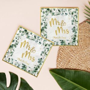 AnyDesign 100 Pack Wedding Napkins 6.5 Inch Greenery Foil Gold Mr & Mrs Luncheon Napkins Eucalyptus Leaves Disposable Decorative Dinner Paper Napkins for Bridal Shower Engagement Wedding Party