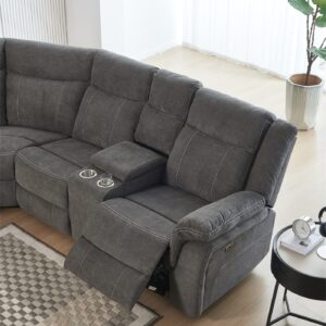 Elountik Modern Fabric Upholstered Power Reclining Sectional Couch with 2 Power Recliners, 2 Storage Consoles, 4 Cup Holders, USB Charging Ports, Gray Frabic