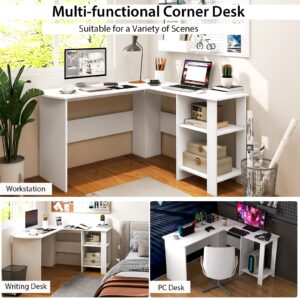 Tangkula White L Shaped Desk with Storage Shelves, Wooden Corner Computer Desk, Space-Saving Home Office Workstation, Gaming Desk, Writing Study Desk, L Shaped Office Desk