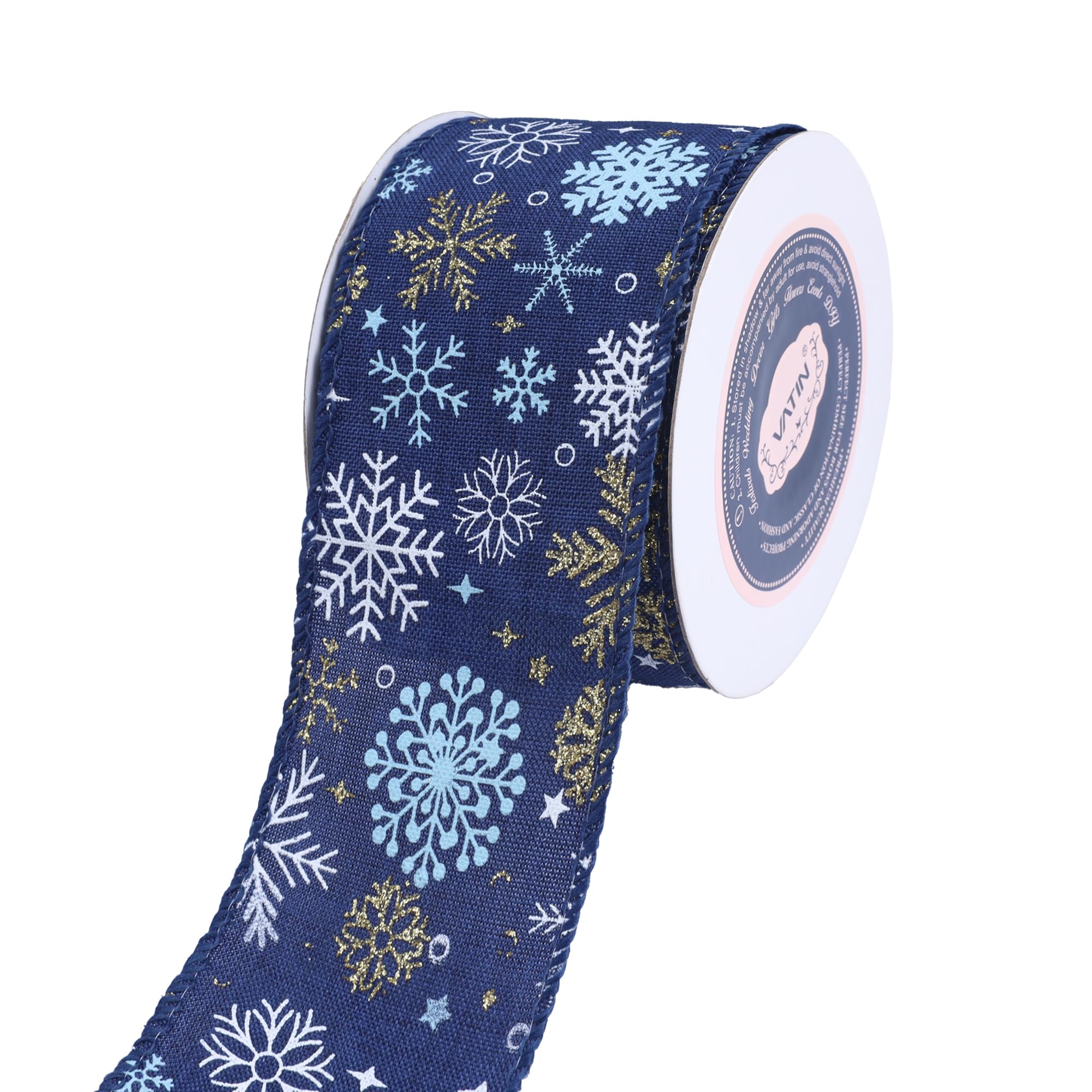 VATIN White/Gold/Blue Snowflake Wired Ribbon Ribbon,2-1/2 Inch x Continuous 10 Yards Spool Christmas Tree Ribbon for Topper Bow,Christmas Wreath,Tree Decoration,Gift Wrapping