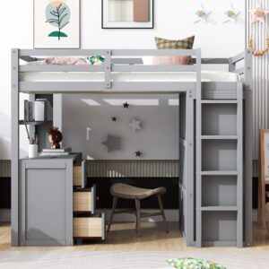 Harper & Bright Designs Twin Size Loft Bed Solid Wooden Loft Bed Frame with Drawers,Desk,and Wardrobe & Safety Guardrail for Kids, Boys and Girls,Teens, No Box Spring Needed (Grey)