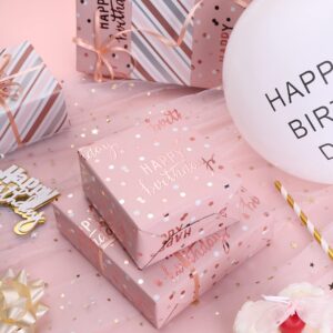 LeZakaa Reversible Birthday Wrapping Paper Roll - Happy Birthday Lettering & Stripe Design with Metallic Foil in Pink - 17 inches x 32.8 Feet (46.45 sq.ft.)