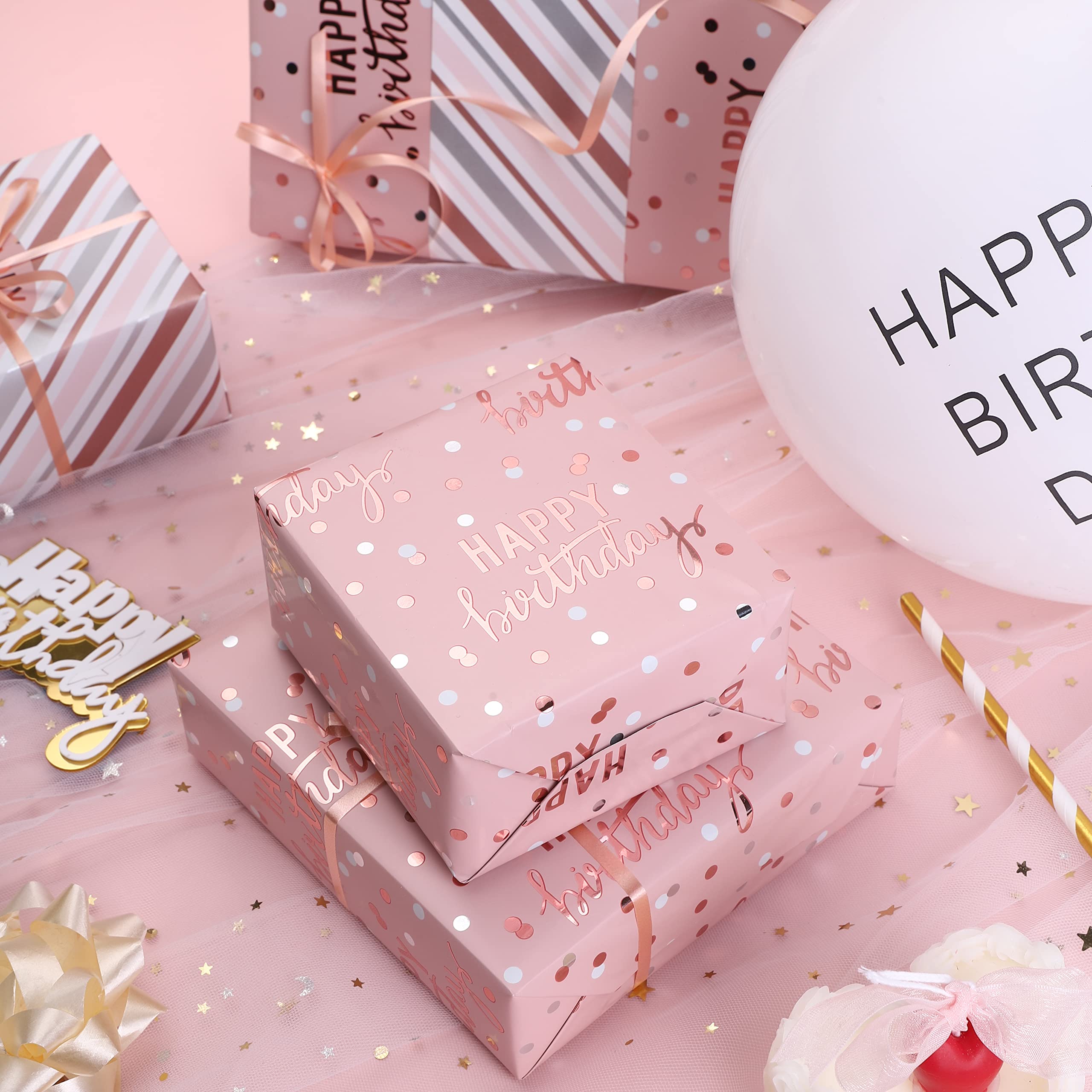 LeZakaa Reversible Birthday Wrapping Paper Roll - Happy Birthday Lettering & Stripe Design with Metallic Foil in Pink - 17 inches x 32.8 Feet (46.45 sq.ft.)