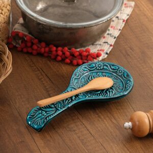 BCS Spoon Rest Set of 2 - Ceramic Spoon Holder for Stovetop & Kitchen Counter - Dishwasher Safe Handmade Kitchen Utensil (Turquoise 4.5" W x 9" L)