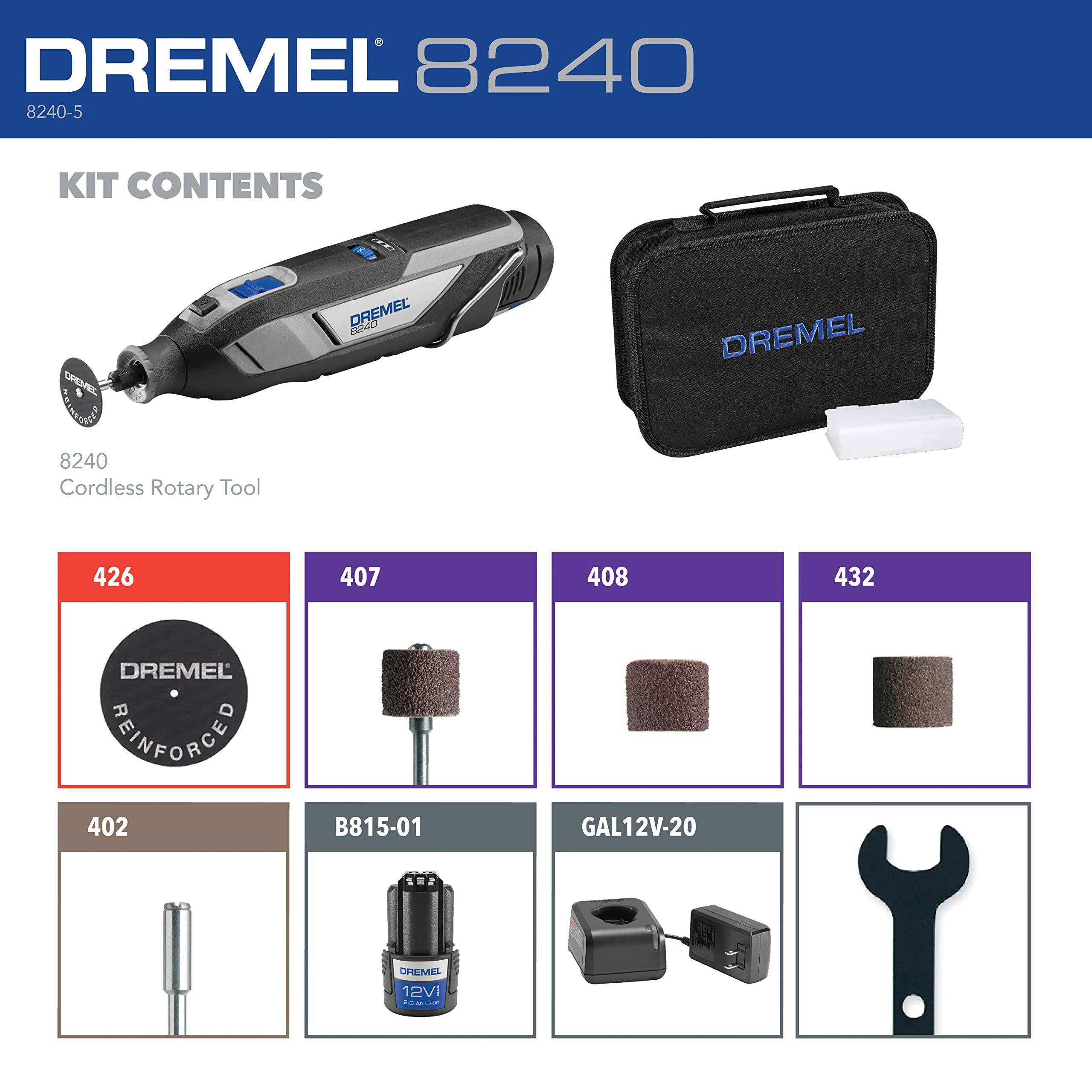 Dremel 8240 12V Cordless Rotary Tool Kit with Variable Speed and Comfort Grip -Includes 2AH Battery Pack, Charger & more (Renewed)