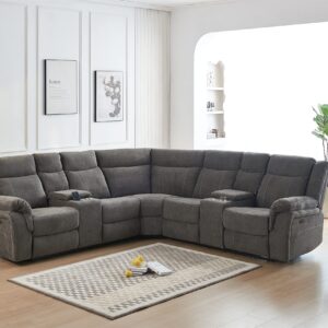 Elountik Modern Fabric Upholstered Power Reclining Sectional Couch with 2 Power Recliners, 2 Storage Consoles, 4 Cup Holders, USB Charging Ports, Gray Frabic