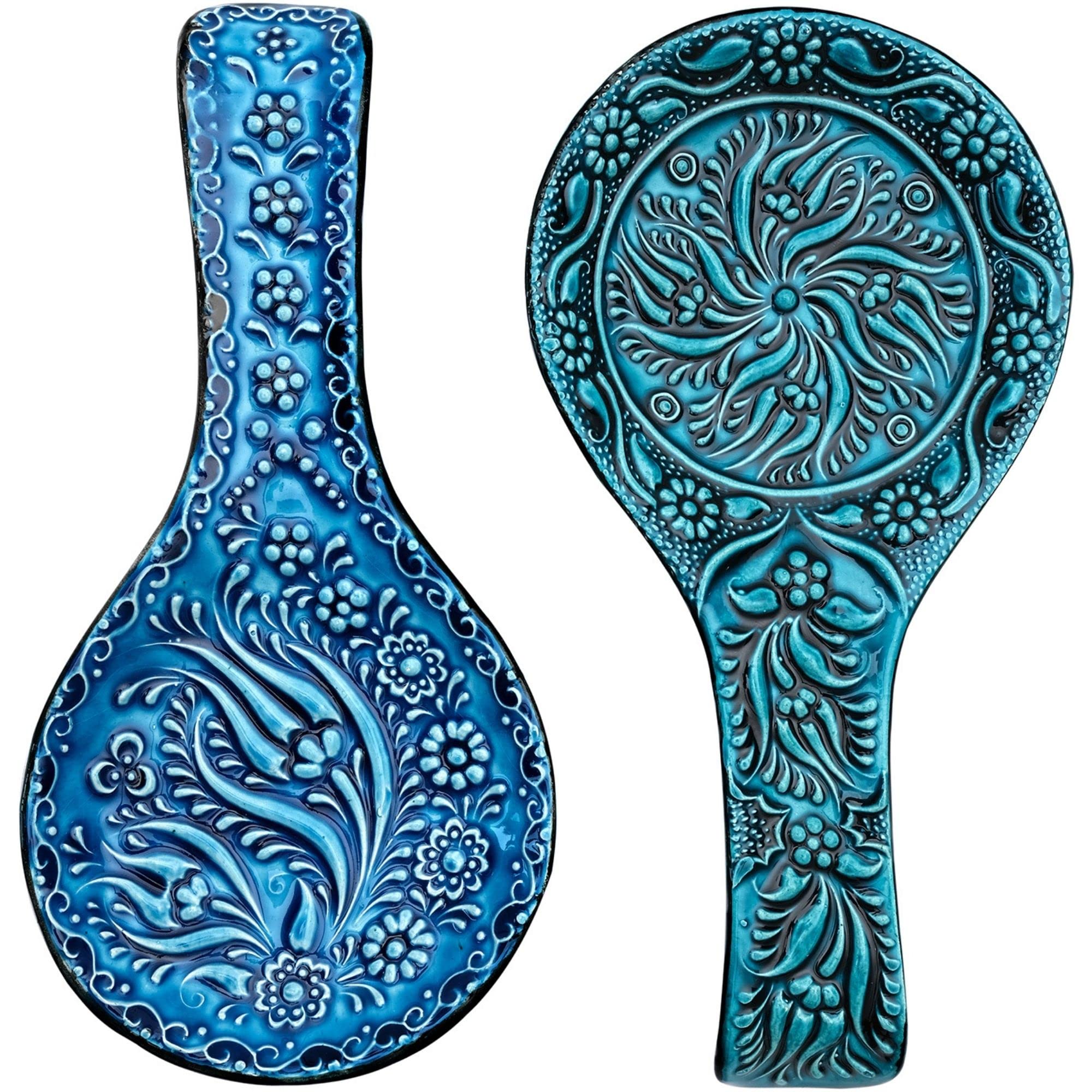 BCS Spoon Rest Set of 2 - Ceramic Spoon Holder for Stovetop & Kitchen Counter - Dishwasher Safe Handmade Kitchen Utensil (Turquoise 4.5" W x 9" L)