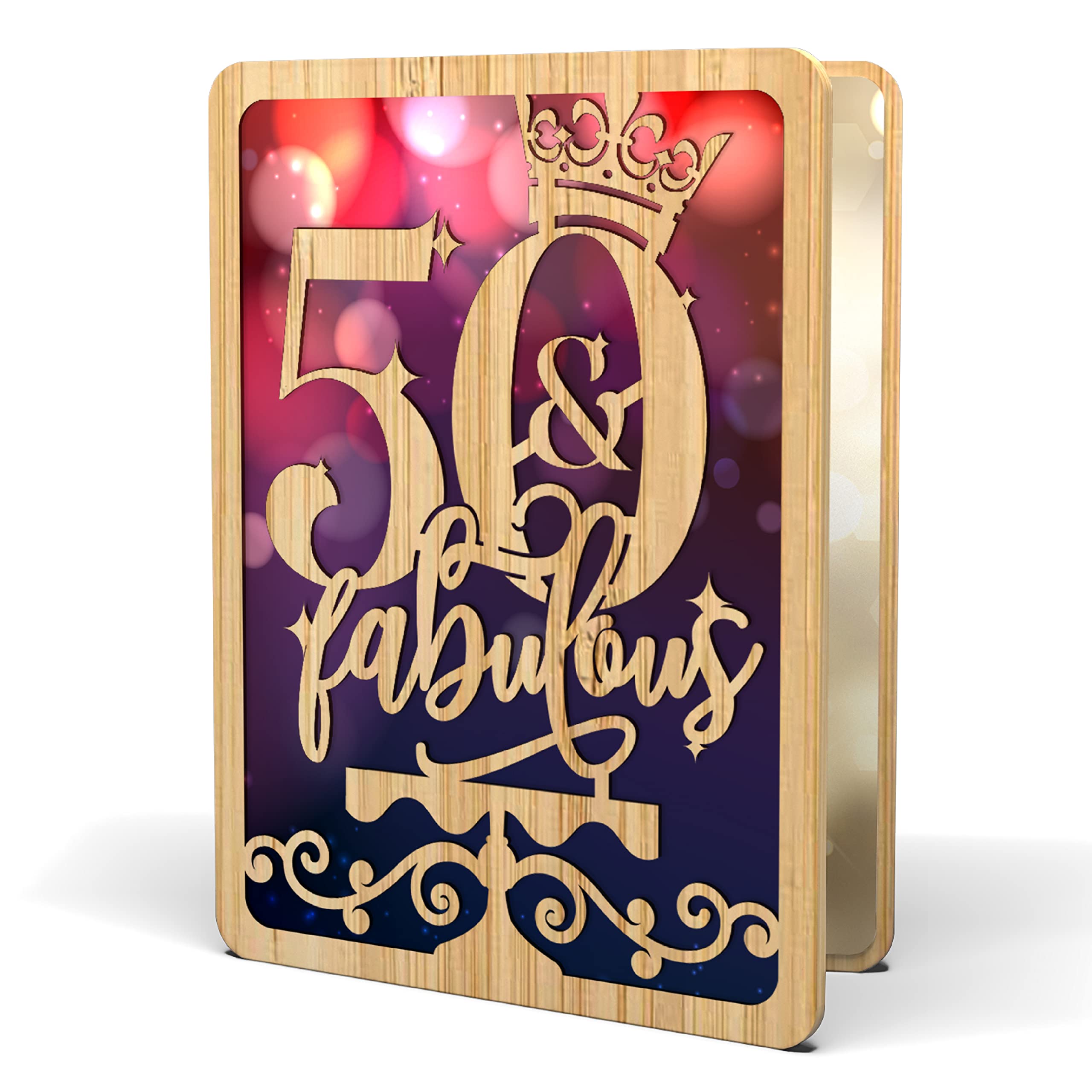 50th Birthday Cards For Women - | Made From Real Bamboo | 6" X 4.5" - 1 Pack (Envelope Included) | Laser Cut, Party Themed 50th Birthday Card for Wife, Mom, Aunt, Sister, Friend, her etc.