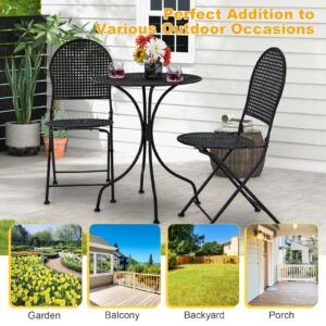 Tangkula 3 Pieces Patio Bistro Set, Metal Table and Folding Chair Set for 2, Outdoor Garden Furniture Set with Round Table & 2 Folding Chairs, Indoor Outdoor Bistro Set for Garden, Yard, Porch