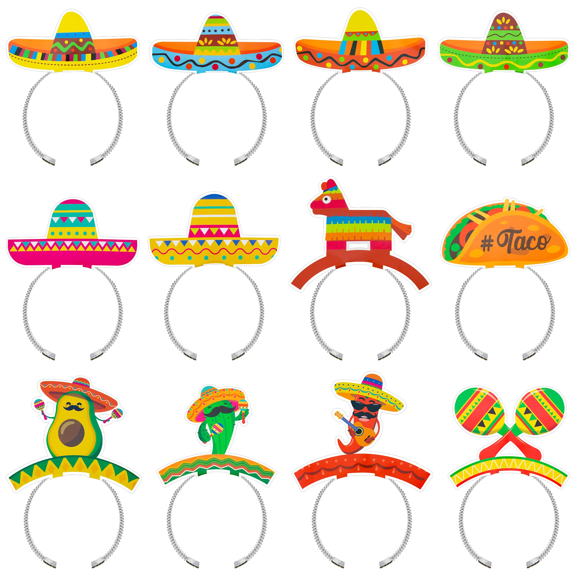 12 PCS Colorful Patterned Cardboard Sombrero Hats, Fiesta Headbands for Mexican Theme Celebration Party Favors