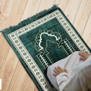 TB Islamic Prayer Rug Thick Soft Velvet Muslim Mat Unique Arabic Turkish African Embroidered Design Prayer Bead Daily Salah Prayer Meditation Ramadan Eid Gift for Women Men Kids (Green)